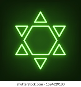 Shield Magen David Star Inverse. Symbol of Israel inverted. Green neon icon in the dark. Blurred lightening. Illustration.