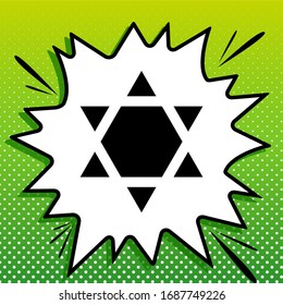 Shield Magen David Star Inverse. Symbol of Israel inverted. Black Icon on white popart Splash at green background with white spots. Illustration.