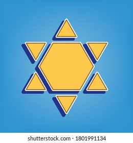 Shield Magen David Star Inverse. Symbol of Israel inverted. Golden Icon with White Contour at light blue Background. Illustration.