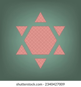 Shield Magen David Star Inverse. Symbol of Israel inverted. Apricot Icon with Brick Red parquet floor graphic pattern on a Ebony background. Feldgrau. Green. Illustration.