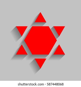 Shield Magen David Star Inverse. Symbol of Israel inverted. Vector. Red icon with soft shadow on gray background.