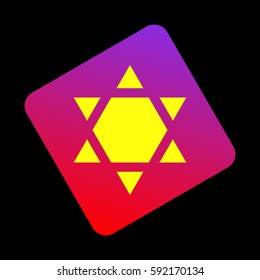 Shield Magen David Star Inverse. Symbol of Israel inverted. Vector. Yellow icon at violet-red gradient square with rounded corners rotated for dynamics on black background.