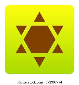 Shield Magen David Star Inverse. Symbol of Israel inverted. Vector. Brown icon at green-yellow gradient square with rounded corners on white background. Isolated.