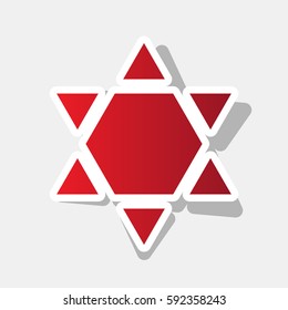 Shield Magen David Star Inverse. Symbol of Israel inverted. Vector. New year reddish icon with outside stroke and gray shadow on light gray background.