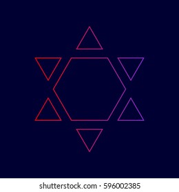 Shield Magen David Star Inverse. Symbol of Israel inverted. Vector. Line icon with gradient from red to violet colors on dark blue background.