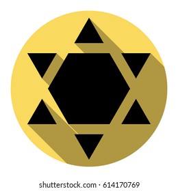 Shield Magen David Star Inverse. Symbol of Israel inverted. Vector. Flat black icon with flat shadow on royal yellow circle with white background. Isolated.
