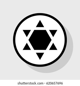 Shield Magen David Star Inverse. Symbol of Israel inverted. Vector. Flat black icon in white circle with shadow at gray background.