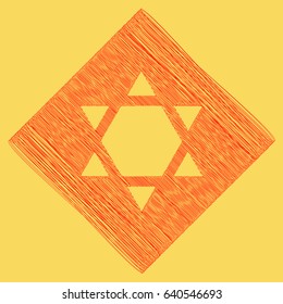 Shield Magen David Star Inverse. Symbol of Israel inverted. Vector. Red scribble icon obtained as a result of subtraction rhomb and path. Royal yellow background.