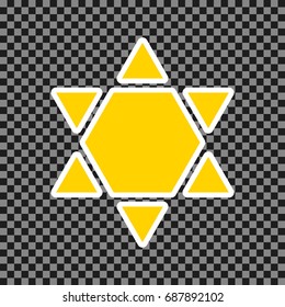 Shield Magen David Star Inverse. Symbol of Israel inverted. Vector. Yellow icon with white contour on dark transparent background.