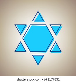 Shield Magen David Star Inverse. Symbol of Israel inverted. Vector. Sky blue icon with defected blue contour on beige background.