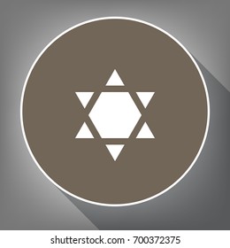 Shield Magen David Star Inverse. Symbol of Israel inverted. Vector. White icon on brown circle with white contour and long shadow at gray background. Like top view on postament.