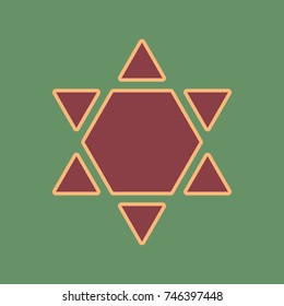 Shield Magen David Star Inverse. Symbol of Israel inverted. Vector. Cordovan icon and mellow apricot halo with light khaki filled space at russian green background.