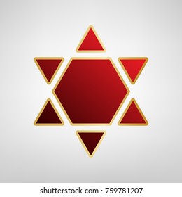 Shield Magen David Star Inverse. Symbol of Israel inverted. Vector. Red icon on gold sticker at light gray background.