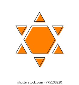 Shield Magen David Star Inverse. Symbol of Israel inverted. Vector. Black line icon with shifted flat orange filled icon on white background. Isolated.