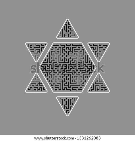 Shield Magen David Star Inverse. Symbol of Israel inverted. Vector. Black maze filled icon with white border at gray background.