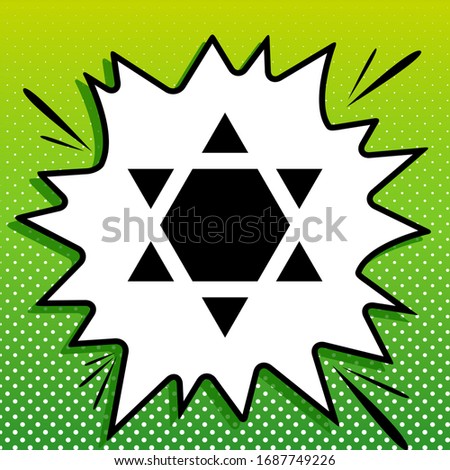 Shield Magen David Star Inverse. Symbol of Israel inverted. Black Icon on white popart Splash at green background with white spots. Illustration.
