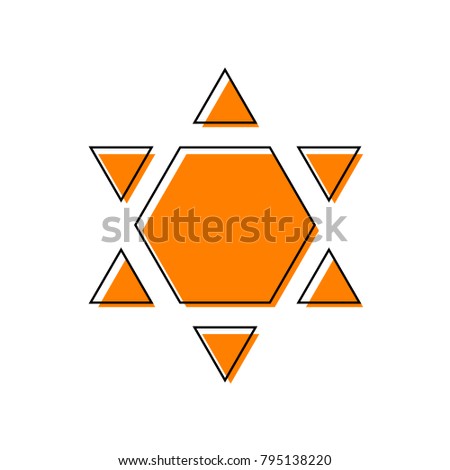 Shield Magen David Star Inverse. Symbol of Israel inverted. Vector. Black line icon with shifted flat orange filled icon on white background. Isolated.