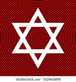 Shield Magen David Star. Symbol of Israel. Vector. White icon on red and black radial pattern as background. Isolated.