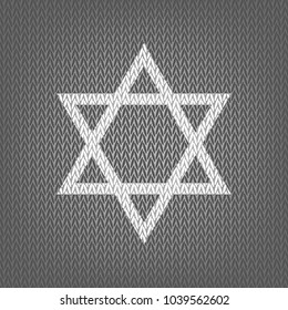 Shield Magen David Star. Symbol of Israel. Vector. White knitted icon on gray knitted background. Isolated.