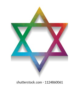 Shield Magen David Star. Symbol of Israel. Vector. Colorful icon with bright texture of mosaic with soft shadow on white background. Isolated.