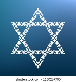 Shield Magen David Star. Symbol of Israel. Vector. White textured icon at lapis lazuli gradient background.