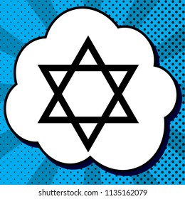 Shield Magen David Star. Symbol of Israel. Vector. Black icon in bubble on blue pop-art background with rays.
