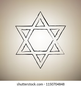 Shield Magen David Star. Symbol of Israel. Vector. Brush drawed black icon at light brown background.