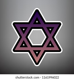 Shield Magen David Star. Symbol of Israel. Vector. Violet gradient icon with black and white linear edges at gray background.