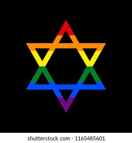 Shield Magen David Star. Symbol of Israel. Vector. Icon with colors of LGBT flag at black background.