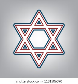 Shield Magen David Star. Symbol of Israel. Vector. Dark red, transparent and midnight green stroke of white icon at grayish background.