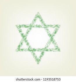 Shield Magen David Star. Symbol of Israel. Vector. Green hexagon rastered icon and noised opacity and size at light green background with central light.