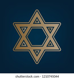 Shield Magen David Star. Symbol of Israel. Vector. Golden icon and border at dark cyan background.
