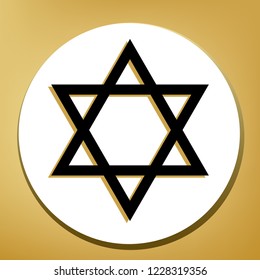 Shield Magen David Star. Symbol of Israel. Vector. Black icon with light brown shadow in white circle with shaped ring at golden background.