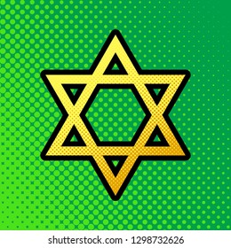 Shield Magen David Star. Symbol of Israel. Vector. Pop art orange to yellow dots-gradient icon with black contour at greenish background.