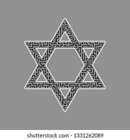 Shield Magen David Star. Symbol of Israel. Vector. Black maze filled icon with white border at gray background.