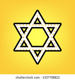 Shield Magen David Star. Symbol of Israel. Vector. Yellow polka dot white icon with black contour at warm yellow background.