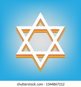 Shield Magen David Star. Symbol of Israel. Vector. White icon with 3d warm-colored gradient body at sky blue background.