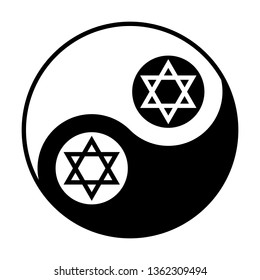 Shield Magen David Star. Symbol of Israel. Vector. Black and white icon inside circles of yin and yang symbol  at white background.