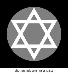 Shield Magen David Star. Symbol of Israel. White icon in gray circle at black background. Circumscribed circle. Circumcircle.