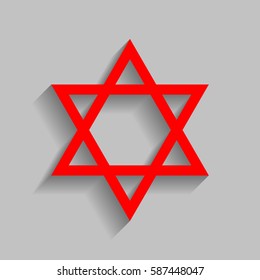 Shield Magen David Star. Symbol of Israel. Vector. Red icon with soft shadow on gray background.