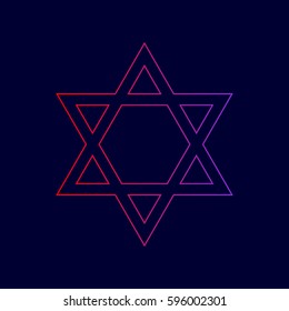 Shield Magen David Star. Symbol of Israel. Vector. Line icon with gradient from red to violet colors on dark blue background.