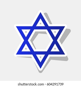 Shield Magen David Star. Symbol of Israel. Vector. New year bluish icon with outside stroke and gray shadow on light gray background.