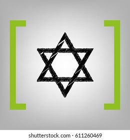 Shield Magen David Star. Symbol of Israel. Vector. Black scribble icon in citron brackets on grayish background.