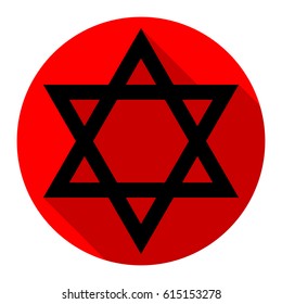 Shield Magen David Star. Symbol of Israel. Vector. Flat black icon with flat shadow on red circle with white background. Isolated.