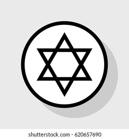 Shield Magen David Star. Symbol of Israel. Vector. Flat black icon in white circle with shadow at gray background.