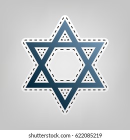 Shield Magen David Star. Symbol of Israel. Vector. Blue icon with outline for cutting out at gray background.