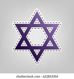 Shield Magen David Star. Symbol of Israel. Vector. Violet icon with outline for cutting out at gray background.