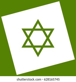 Shield Magen David Star. Symbol of Israel. Vector. White icon obtained as a result of subtraction rotated square and path. Avocado background.