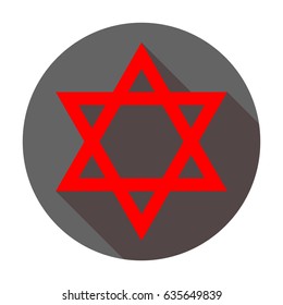 Shield Magen David Star. Symbol of Israel. Vector. Red icon with reddish shadow on dark gray circle at white background. Isolated.