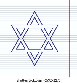 Shield Magen David Star. Symbol of Israel. Vector. Navy line icon on notebook paper as background with red line for field.